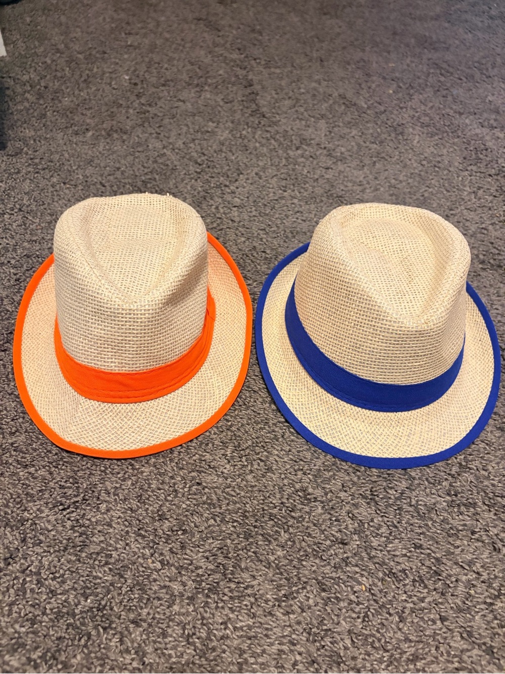 Child Lot of 2 Fedora Burlap Hat Boys Summer Straw Beach Sunhat Orange & Blue